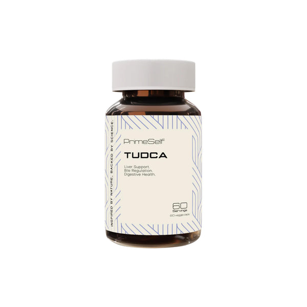 PrimeSelf Tudca supplement bottle for liver support and digestive health, contains 60 capsules.