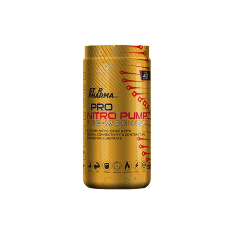 Star Pharma Pro Nitro Pump pre-workout supplement in a gold container, enhancing muscle performance and blood flow.