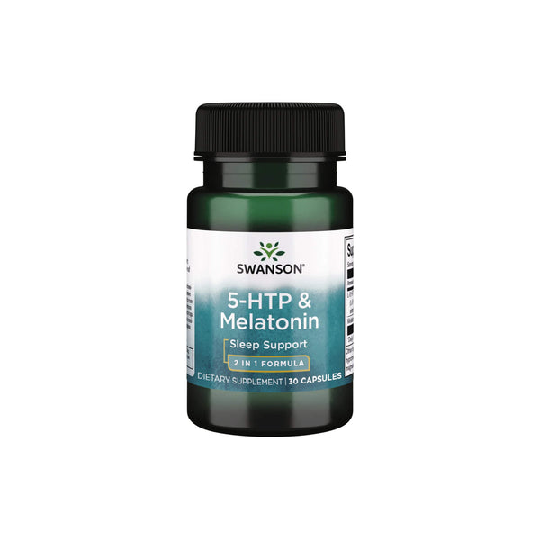 Swanson 5-HTP & Melatonin dietary supplement for sleep support in a green bottle with 30 capsules.