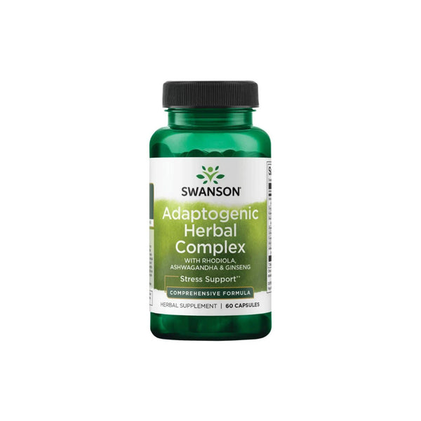 Swanson Adaptogenic Herbal Complex bottle featuring Rhodiola, Ashwagandha, and Ginseng for stress support. 60 capsules.