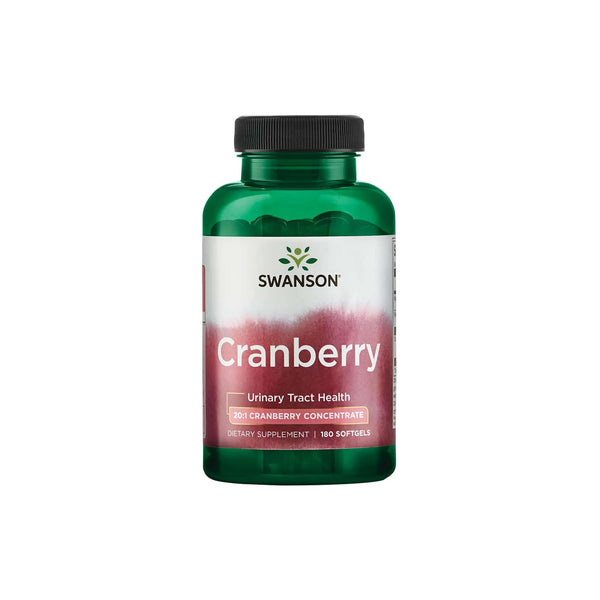 Swanson Cranberry softgel bottle for urinary tract health, featuring 20:1 cranberry concentrate, 180 count.