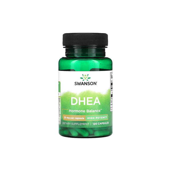 Swanson DHEA 25 mg dietary supplement bottle with 120 capsules for hormone balance and vitality.