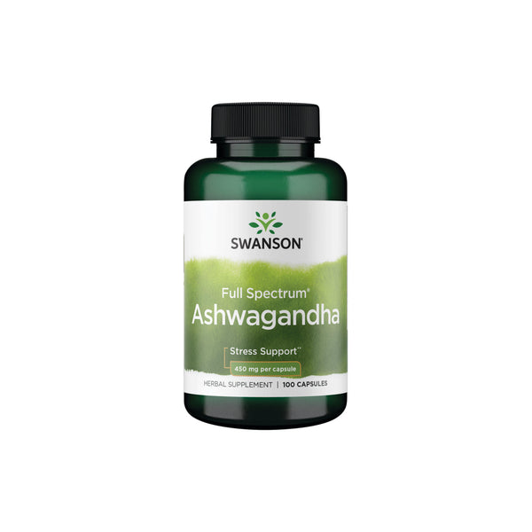 Swanson Full Spectrum Ashwagandha 450mg stress support herbal supplement capsules bottle image.