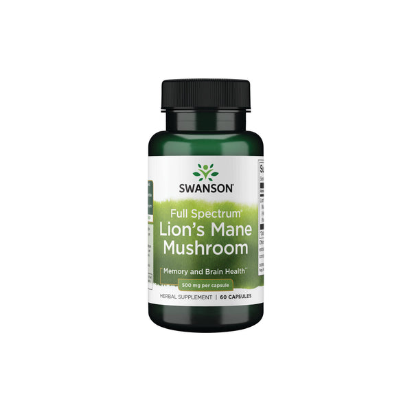 Swanson Full Spectrum Lion's Mane Mushroom capsules for cognitive support and memory enhancement, 60-count bottle.