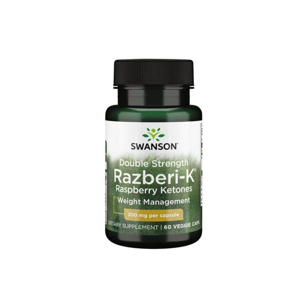 Swanson Razberi-K Raspberry Ketones bottle for weight management, 200 mg per capsule, 60 veggie capsules.