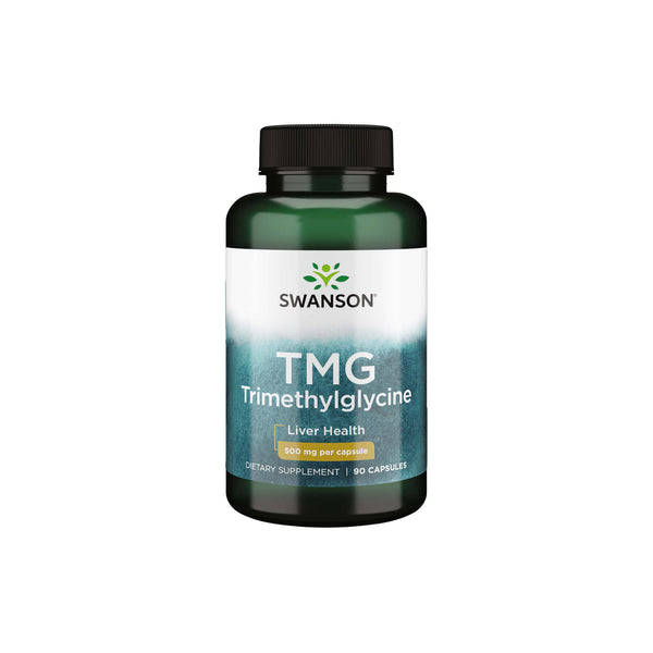 Swanson TMG Trimethylglycine supplement bottle for liver health, 90 capsules, 500 mg each.