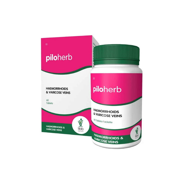 Tibb Piloherb tablets for haemorrhoids and varicose veins, featuring packaging and product description.