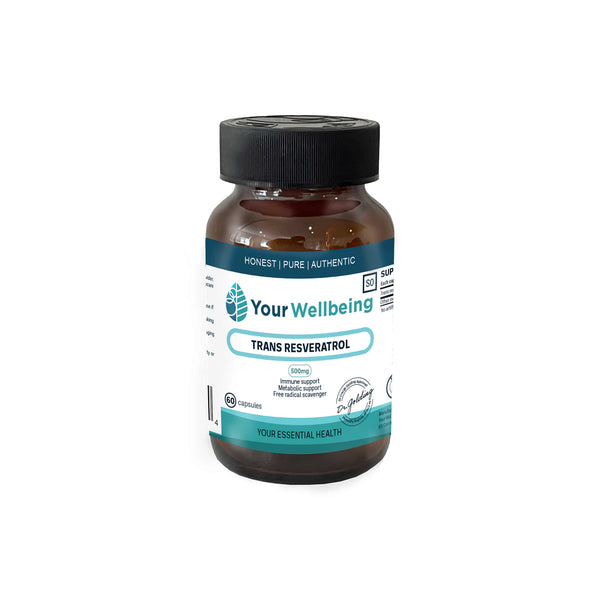 Your Wellbeing Trans Resveratrol supplement bottle, 60 capsules, promoting heart health and antioxidant support.