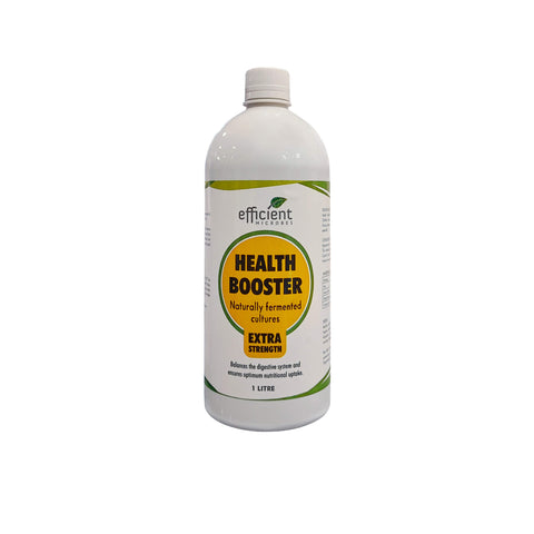 Efficient Microbes Health Booster Extra Strength, 1L bottle of naturally fermented cultures for digestive support.