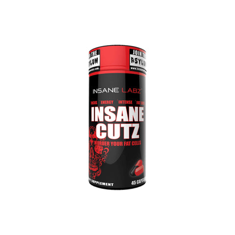 Insane Labz Insane Cutz supplement bottle for fat burning and energy enhancement, 45 capsules.