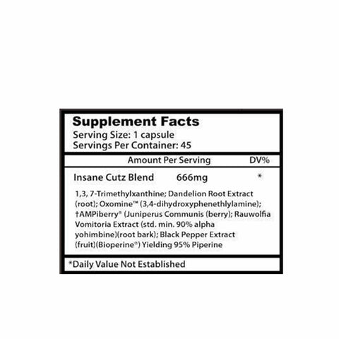 Insane Labz Insane Cutz supplement bottle for fat burning and energy enhancement, 45 capsules.