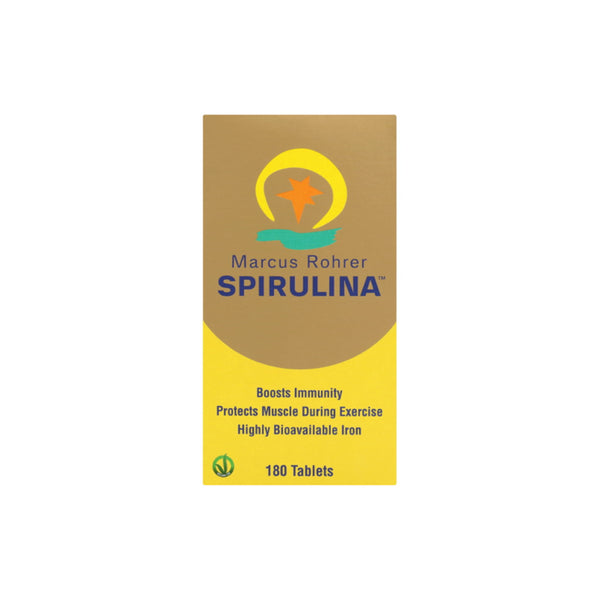 Marcus Rohrer Spirulina supplement box with 180 tablets, promoting immunity and muscle protection during exercise.