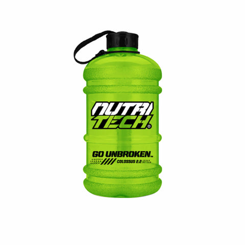 Nutritech Colossus 2L hydration bottle in bright green, BPA free, wide mouth for high flow, impact-resistant design.