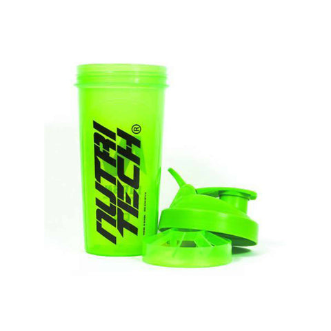 Nutritech NWO Green Shaker with secure lid and measuring markers, 700ML capacity, BPA-free for safe use.