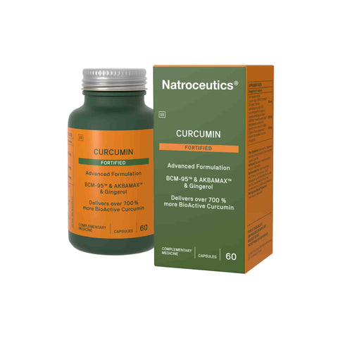 Natroceutics Curcumin Fortified capsules and box packaging, featuring advanced formulation for inflammation relief.