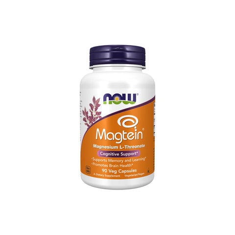 Now Foods Magtein Magnesium L-Threonate supplement bottle with cognitive support benefits, 90 veg capsules.