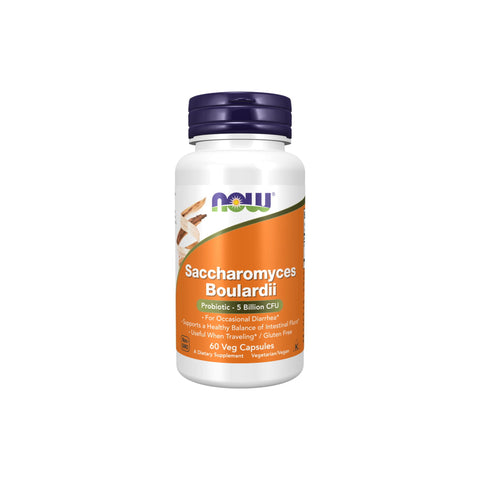 Now Foods Saccharomyces Boulardii probiotic supplement bottle for gut health and balanced intestinal flora.