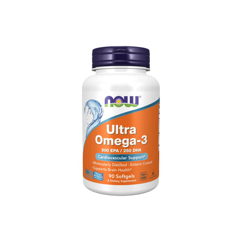 Now Foods Ultra Omega-3 supplement bottle with 500 EPA and 250 DHA for cardiovascular and brain health support.