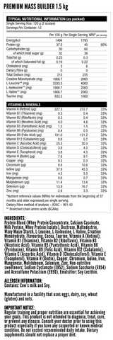 Nutritech Premium Mass Builder 1.5Kg chocolate flavor, high protein supplement with 428 calories and 45g protein per serving.