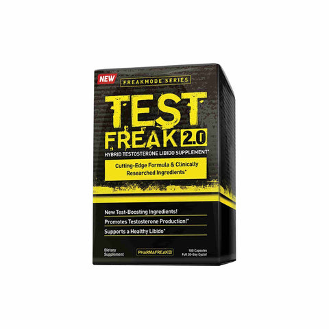 Pharmafreak Test Freak 2.0 testosterone supplement box with new ingredients for improved libido and hormone support.