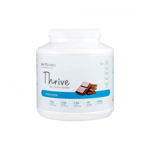 Phyto Pro Thrive Protein Powder in Chocolate flavor, featuring 88% protein isolate from non-GMO peas, 200g tub.