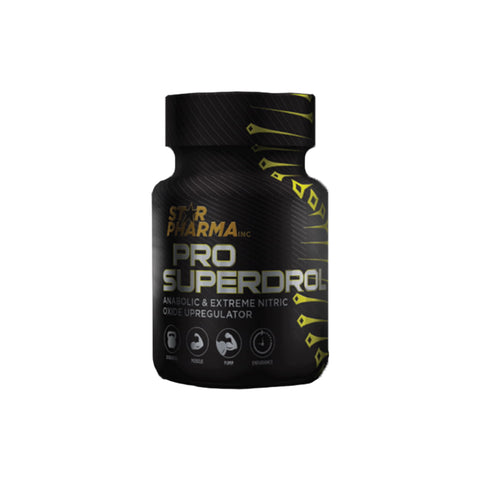 Star Pharma Pro Superdrol supplement bottle for promoting lean muscle mass and extreme nitric oxide regulation.