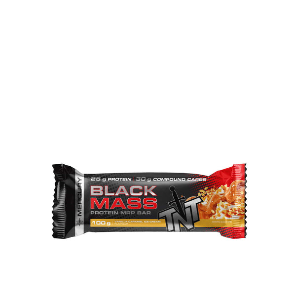 TNT Black Mass Protein Bar packaging showcasing 25g protein and low sugar content, ideal for healthy meal replacement.