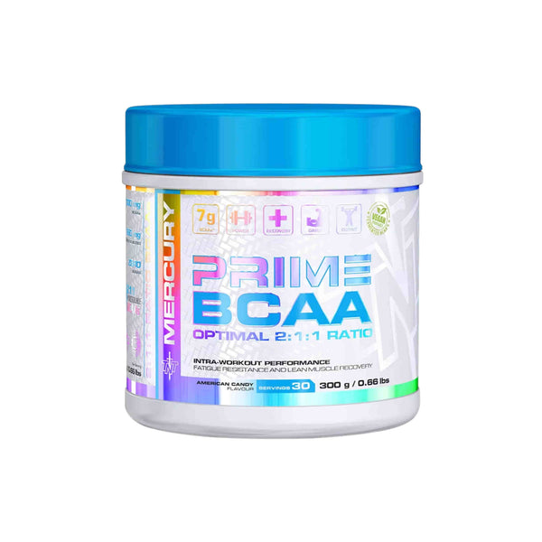 TNT Mercury Prime BCAA container showing optimal 2:1:1 ratio for intra-workout performance with 7g of BCAAs per serving.