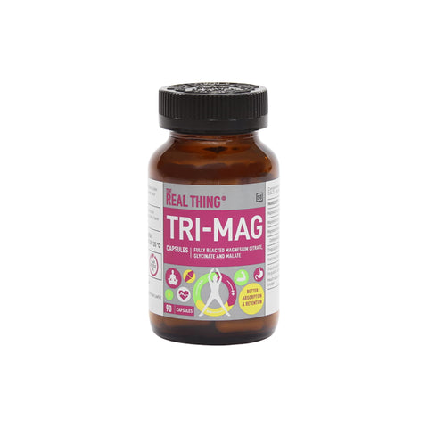 The Real Thing Tri-Mag capsules bottle with chelated Magnesium citrate, bisglycinate, and malate for enhanced absorption.