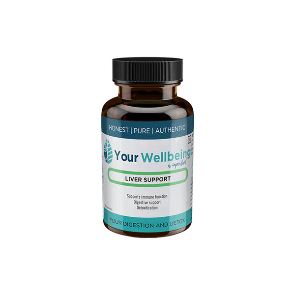 Your Wellbeing Liver Support supplement bottle, featuring immune support, digestive support, and detoxification benefits.