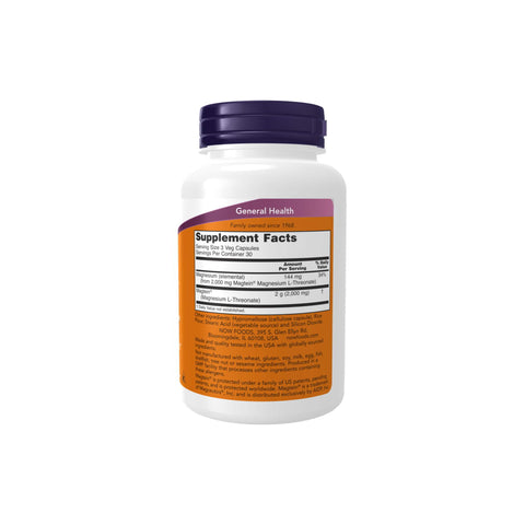 Now Foods Magtein Magnesium L-Threonate supplement bottle with cognitive support benefits, 90 veg capsules.