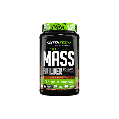 Nutritech Premium Mass Builder 1.5Kg chocolate flavor, high protein supplement with 428 calories and 45g protein per serving.