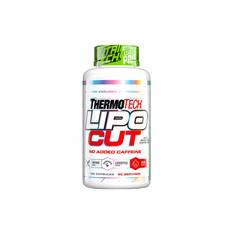 ThermoTech Lipocut weight management supplement bottle with 120 caffeine-free capsules for effective fat transport.