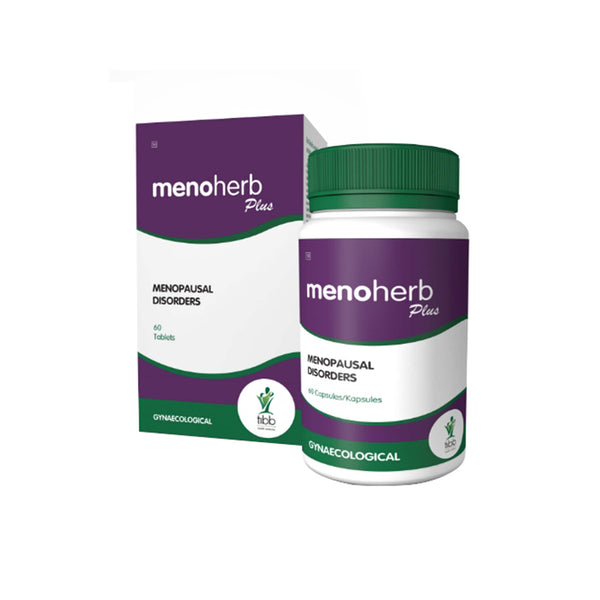 Tibb Menoherb Plus supplement bottle for menopausal relief, featuring isoflavones and natural ingredients in packaging.