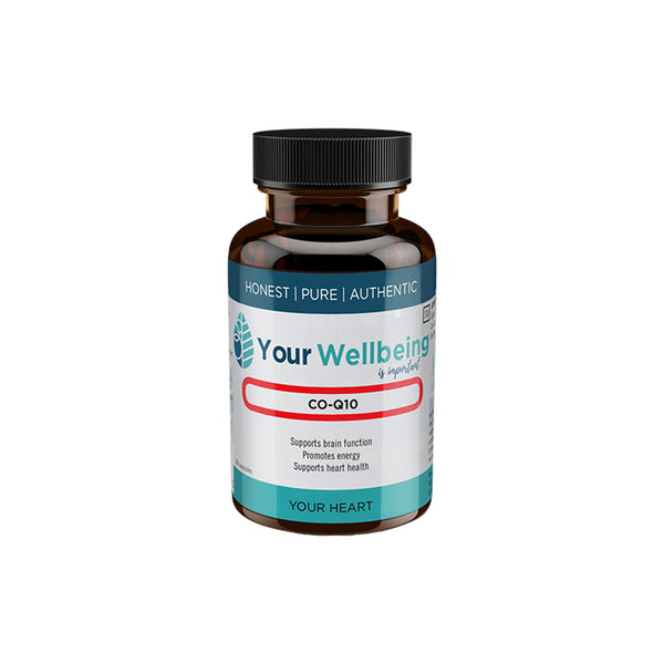 Your Wellbeing CO-Q10 500mg supplement bottle with labels highlighting brain function and heart health support.